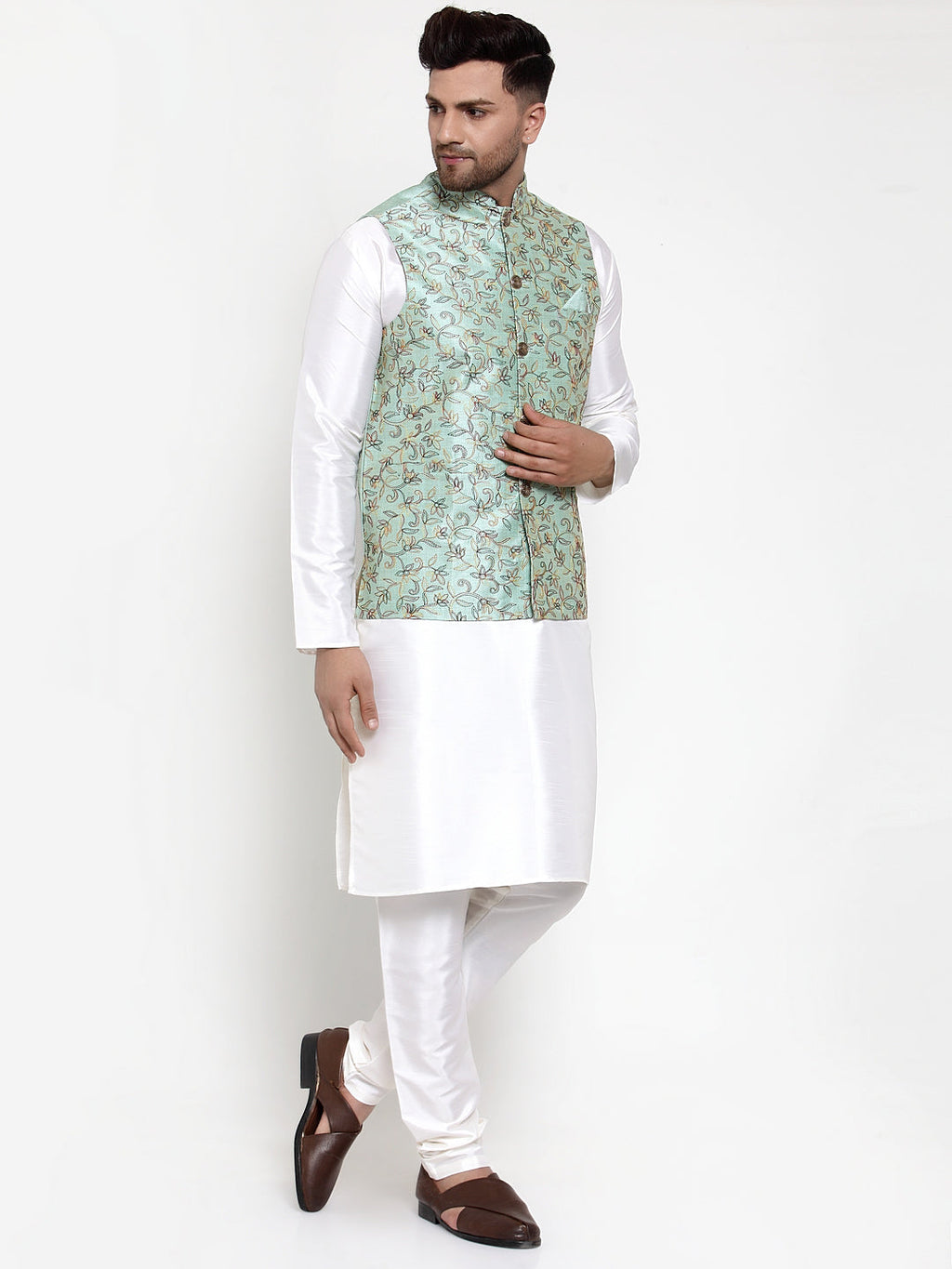 Jompers Men's Solid Dupion Kurta Pajama with Woven Nehru Jacket (Sky) - Distacart