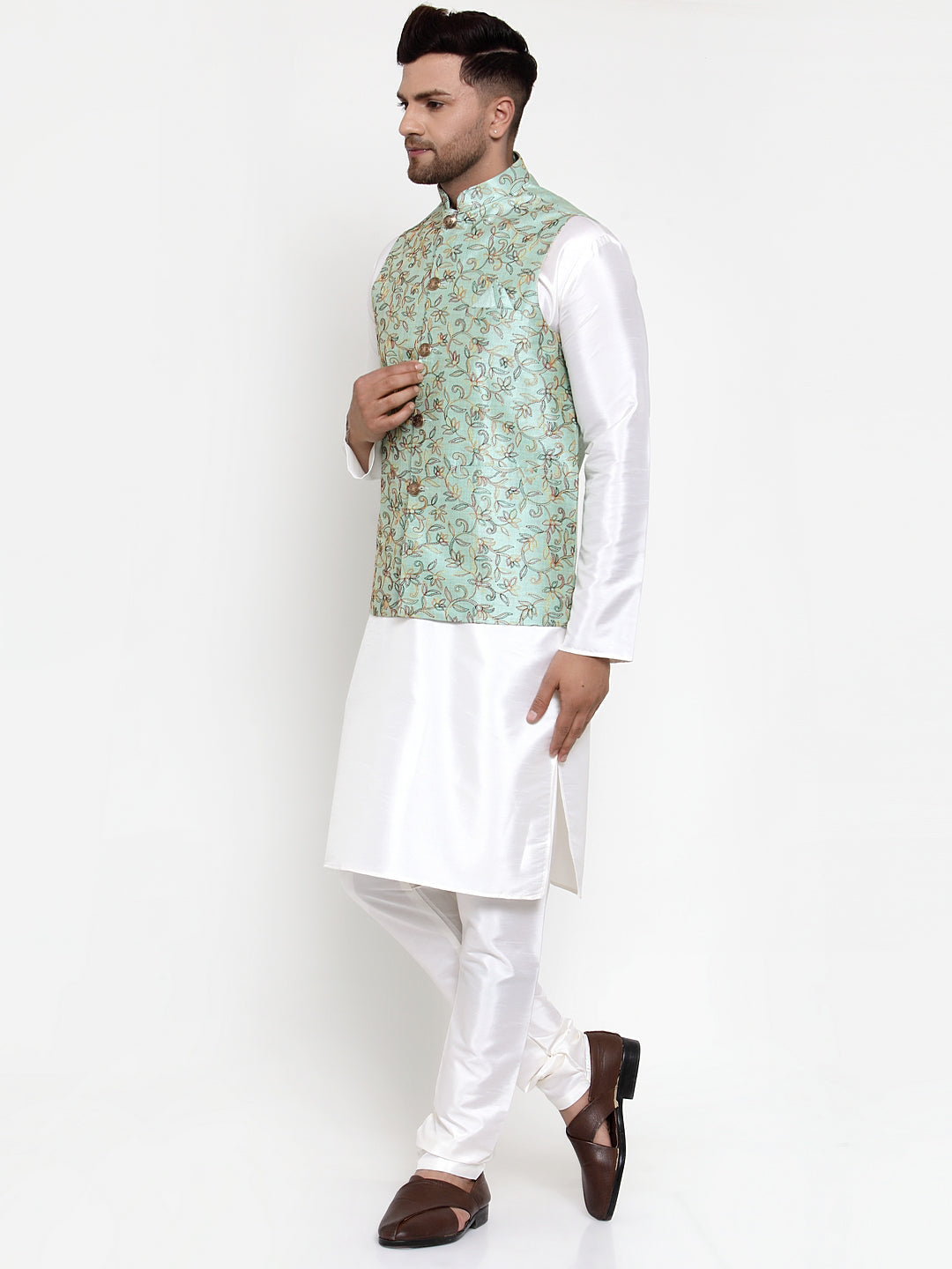 Jompers Men's Solid Dupion Kurta Pajama with Woven Nehru Jacket (Sky) - Distacart