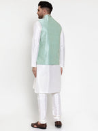 Jompers Men's Solid Dupion Kurta Pajama with Woven Nehru Jacket (Sky) - Distacart