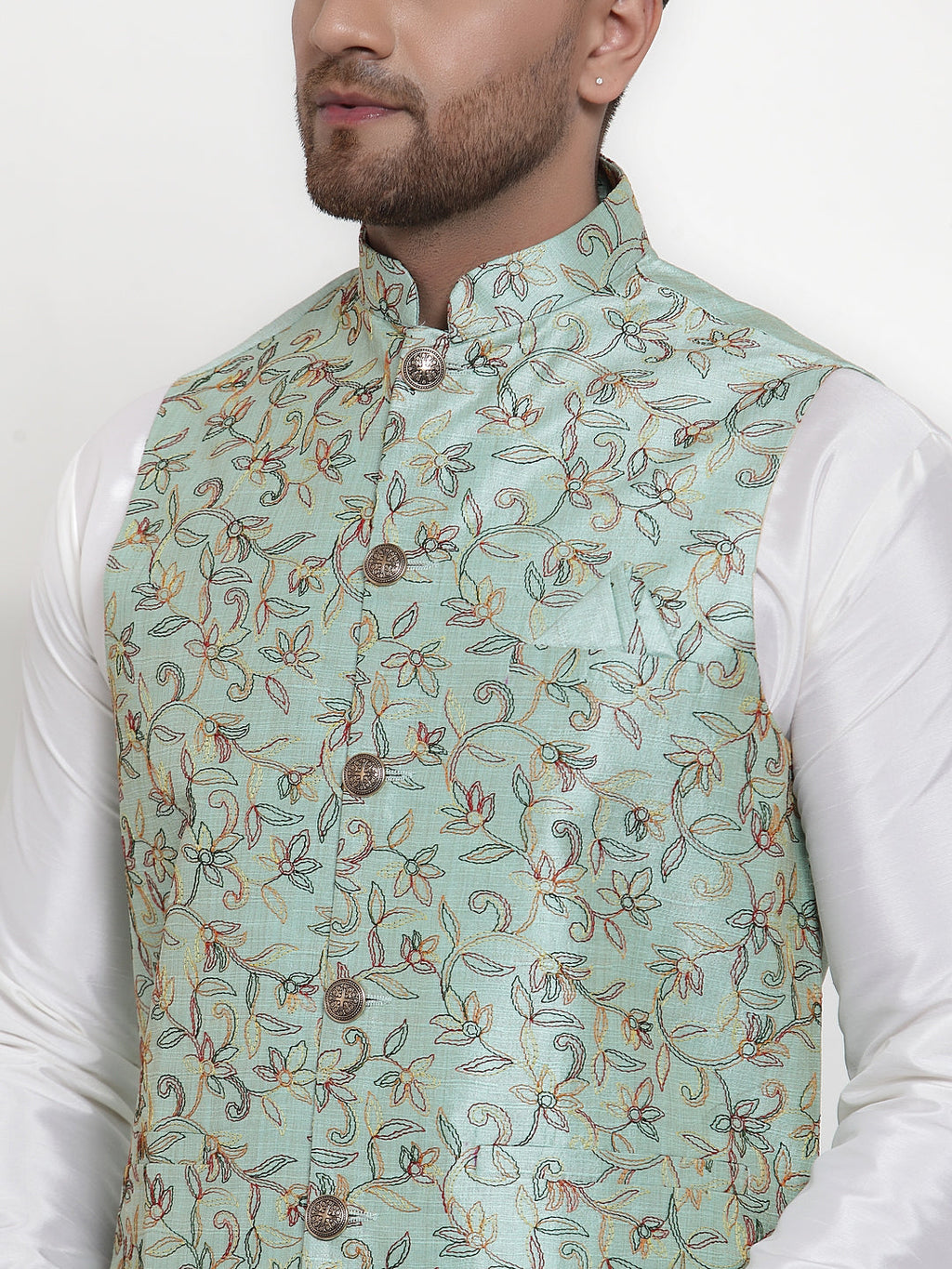 Jompers Men's Solid Dupion Kurta Pajama with Woven Nehru Jacket (Sky) - Distacart