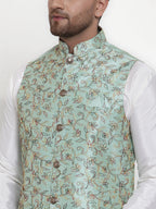 Jompers Men's Solid Dupion Kurta Pajama with Woven Nehru Jacket (Sky) - Distacart