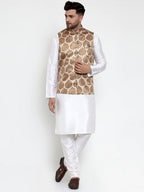 Jompers Men's Solid Dupion Kurta Pajama with Printed Nehru Jacket (Brown) - Distacart