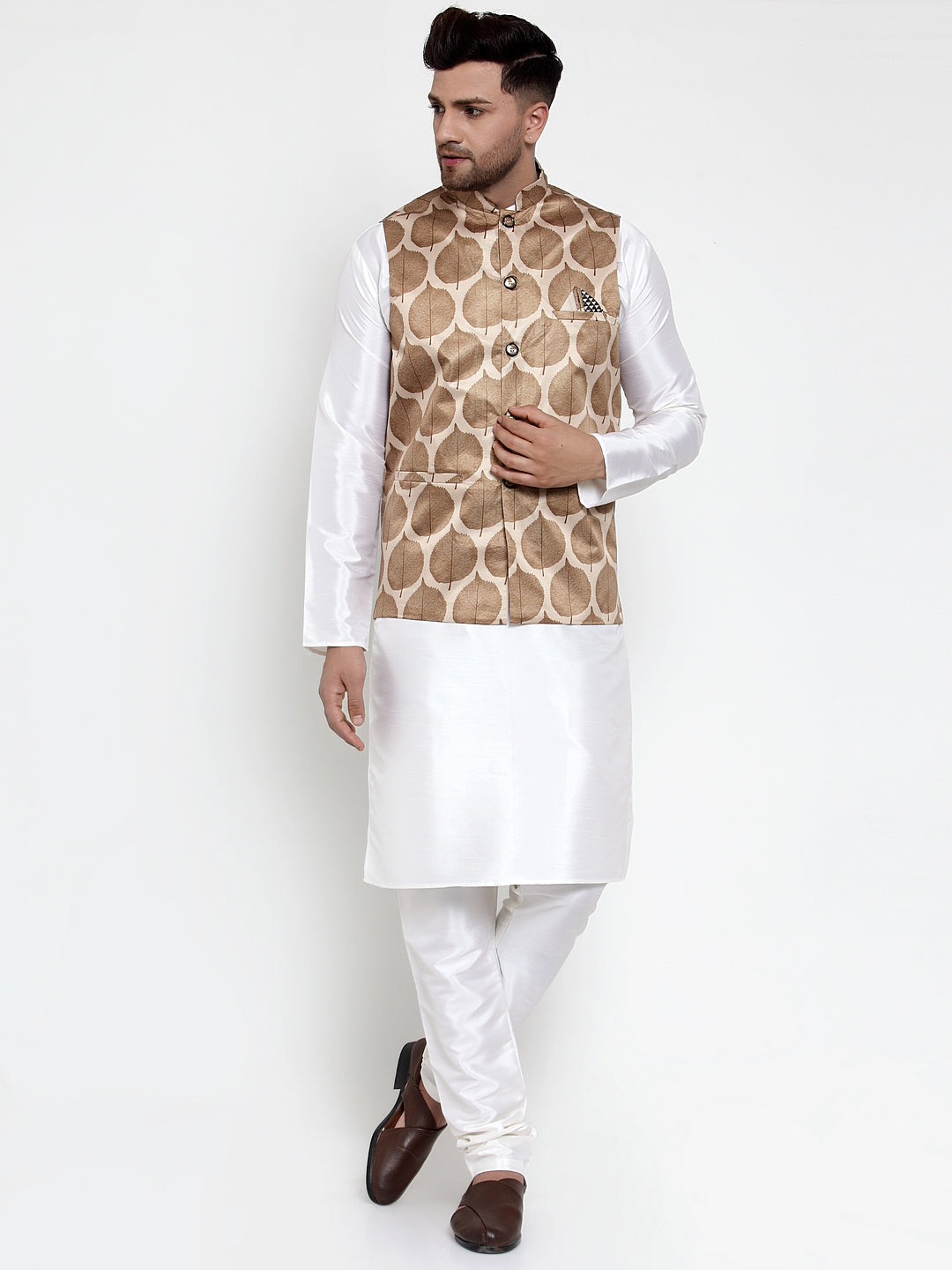 Jompers Men's Solid Dupion Kurta Pajama with Printed Nehru Jacket (Brown) - Distacart