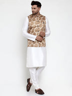 Jompers Men's Solid Dupion Kurta Pajama with Printed Nehru Jacket (Brown) - Distacart