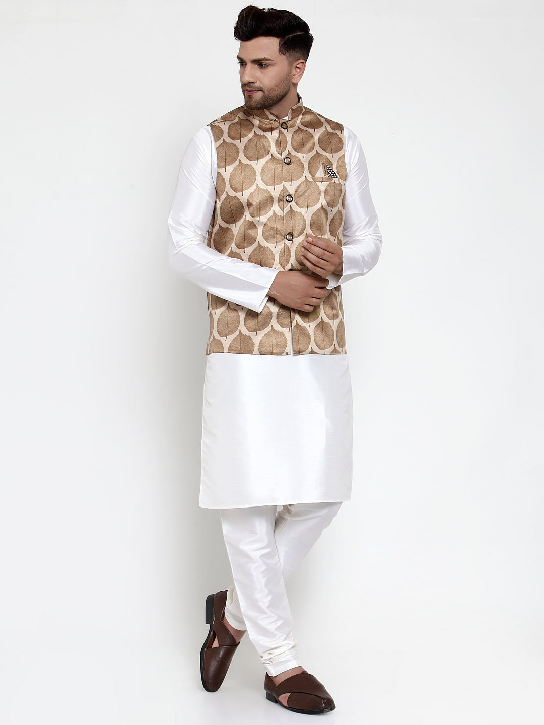 Jompers Men's Solid Dupion Kurta Pajama with Printed Nehru Jacket (Brown) - Distacart