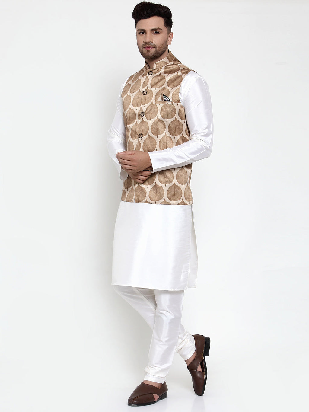 Jompers Men's Solid Dupion Kurta Pajama with Printed Nehru Jacket (Brown) - Distacart
