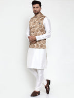 Jompers Men's Solid Dupion Kurta Pajama with Printed Nehru Jacket (Brown) - Distacart