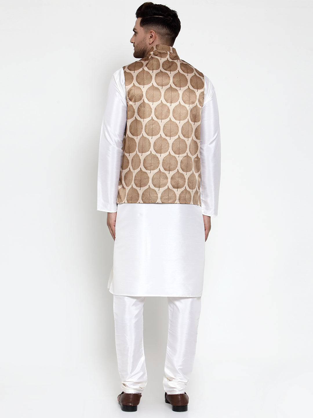 Jompers Men's Solid Dupion Kurta Pajama with Printed Nehru Jacket (Brown) - Distacart