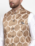 Jompers Men's Solid Dupion Kurta Pajama with Printed Nehru Jacket (Brown) - Distacart