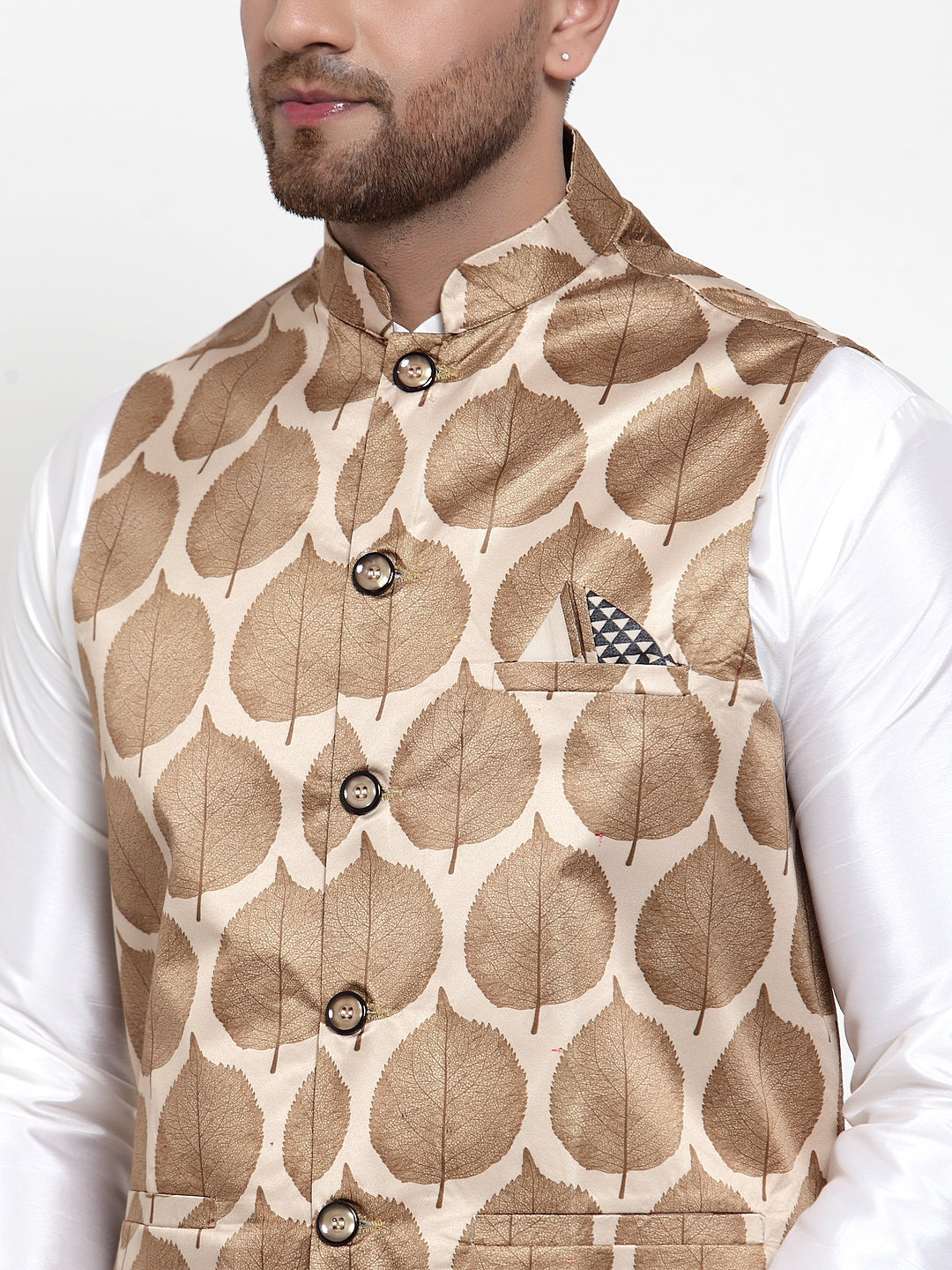 Jompers Men's Solid Dupion Kurta Pajama with Printed Nehru Jacket (Brown) - Distacart