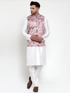 Jompers Men's Solid Dupion Kurta Pajama with Printed Nehru Jacket (Pink) - Distacart