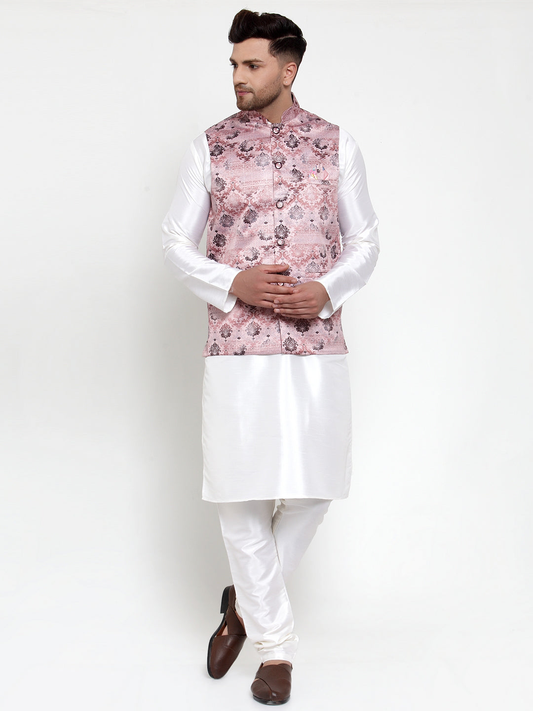 Jompers Men's Solid Dupion Kurta Pajama with Printed Nehru Jacket (Pink) - Distacart