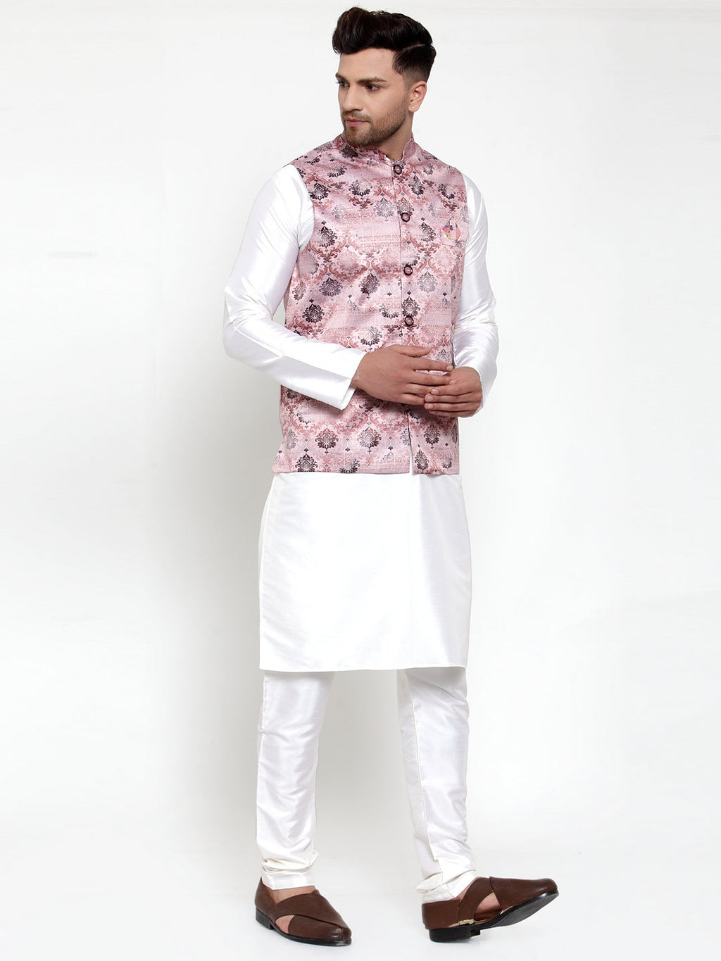 Jompers Men's Solid Dupion Kurta Pajama with Printed Nehru Jacket (Pink) - Distacart