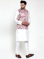 Jompers Men's Solid Dupion Kurta Pajama with Printed Nehru Jacket (Pink) - Distacart