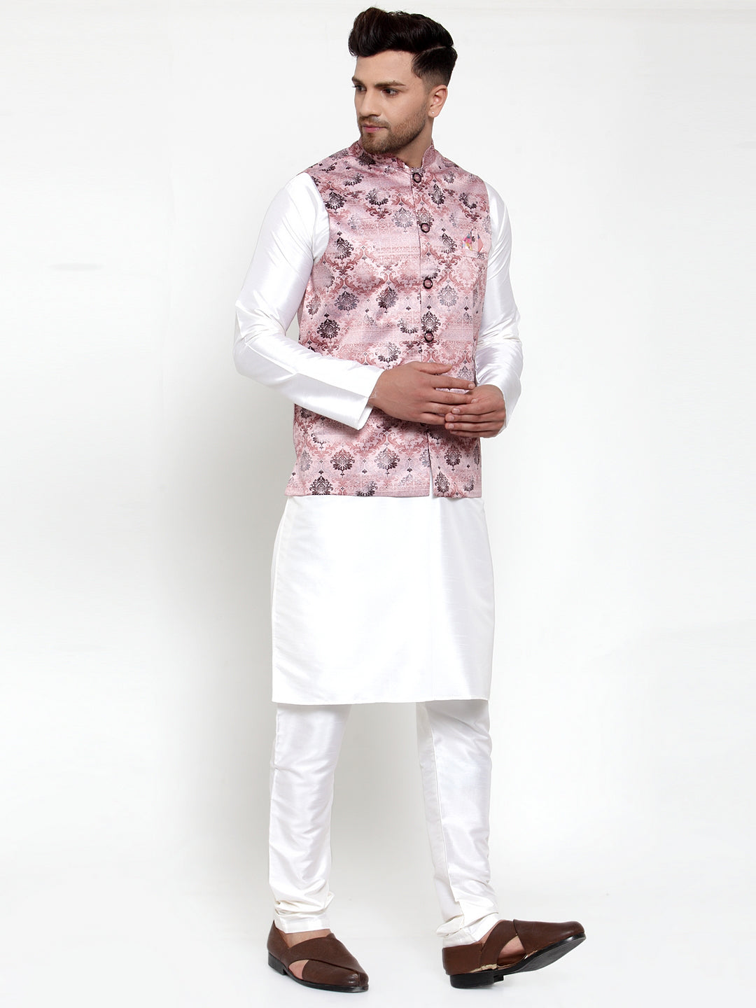 Jompers Men's Solid Dupion Kurta Pajama with Printed Nehru Jacket (Pink) - Distacart