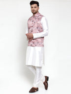 Jompers Men's Solid Dupion Kurta Pajama with Printed Nehru Jacket (Pink) - Distacart