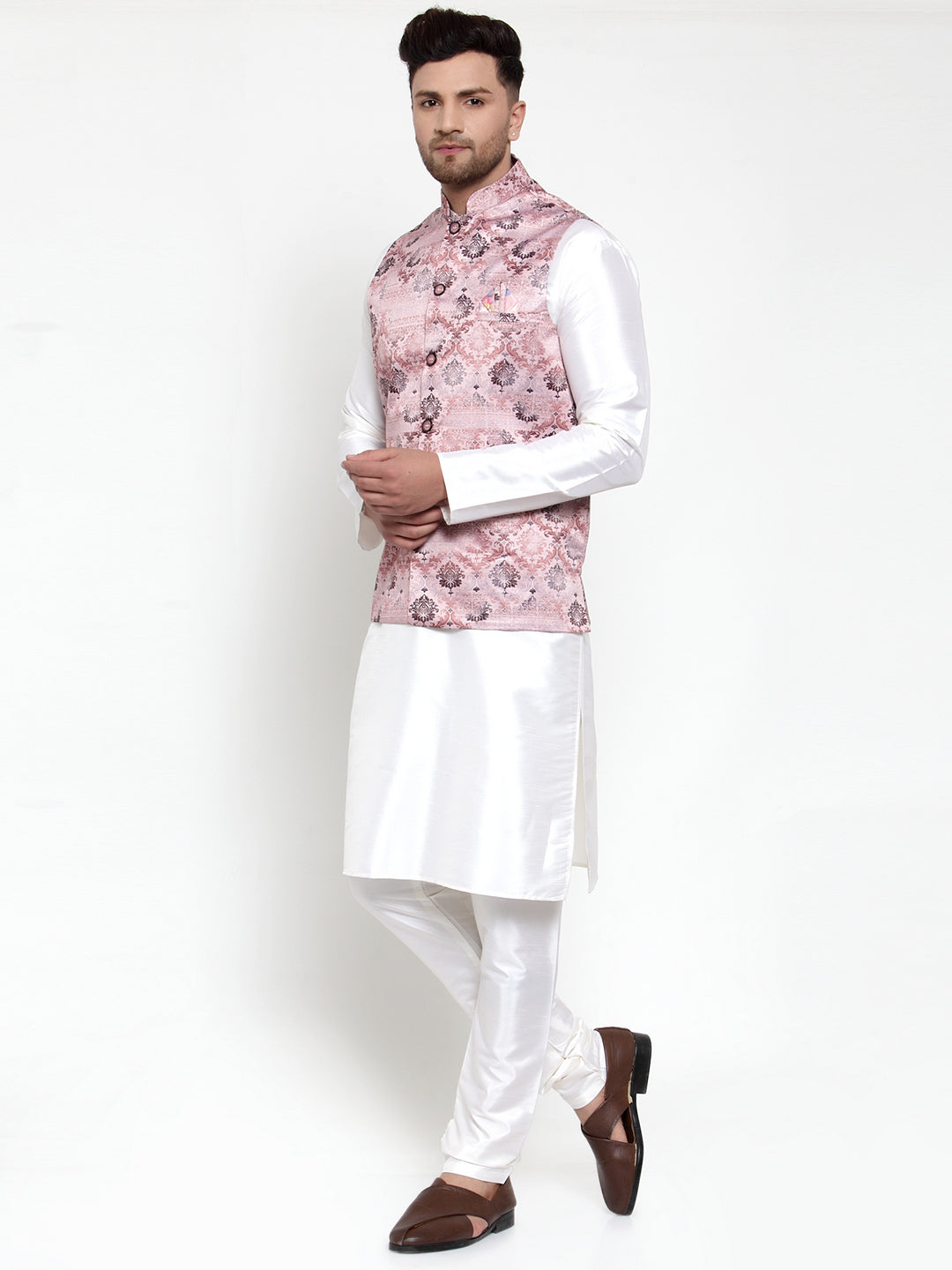 Jompers Men's Solid Dupion Kurta Pajama with Printed Nehru Jacket (Pink) - Distacart