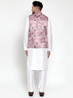 Jompers Men's Solid Dupion Kurta Pajama with Printed Nehru Jacket (Pink) - Distacart