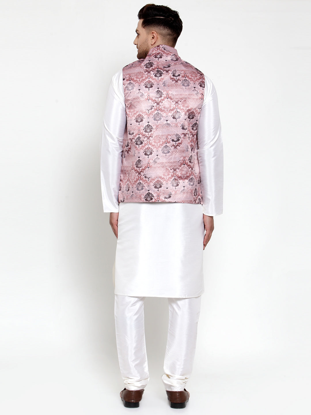 Jompers Men's Solid Dupion Kurta Pajama with Printed Nehru Jacket (Pink) - Distacart