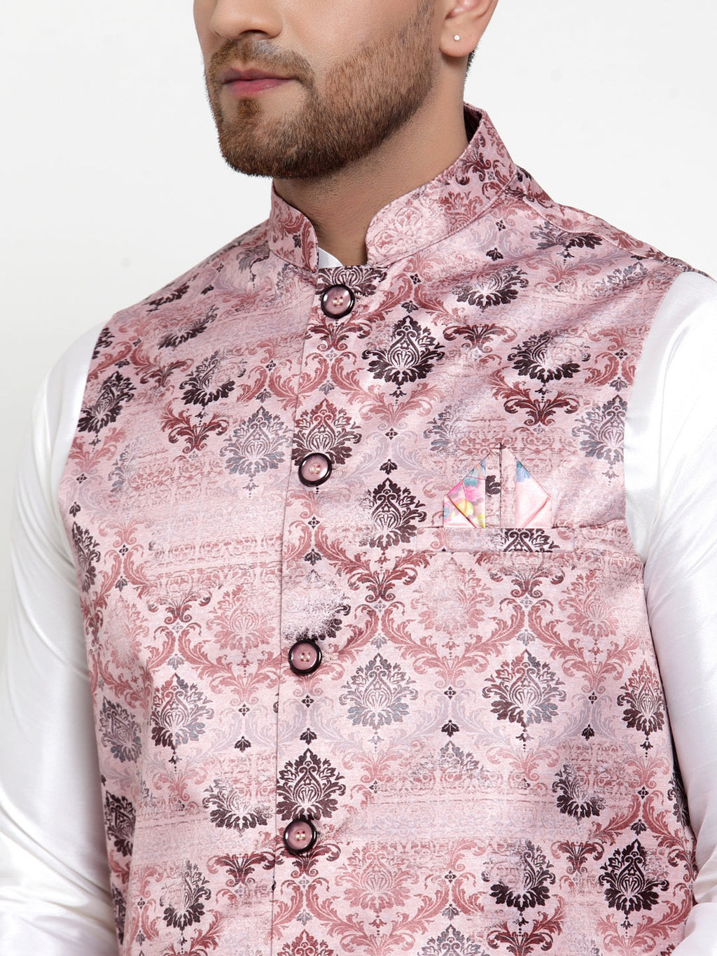 Jompers Men's Solid Dupion Kurta Pajama with Printed Nehru Jacket (Pink) - Distacart