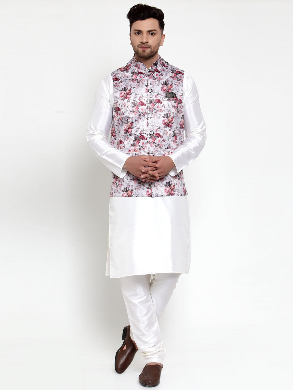 Jompers Men's Solid Dupion Kurta Pajama with Printed Nehru Jacket (Silver) - Distacart
