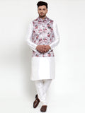 Jompers Men's Solid Dupion Kurta Pajama with Printed Nehru Jacket (Silver) - Distacart