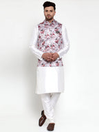 Jompers Men's Solid Dupion Kurta Pajama with Printed Nehru Jacket (Silver) - Distacart