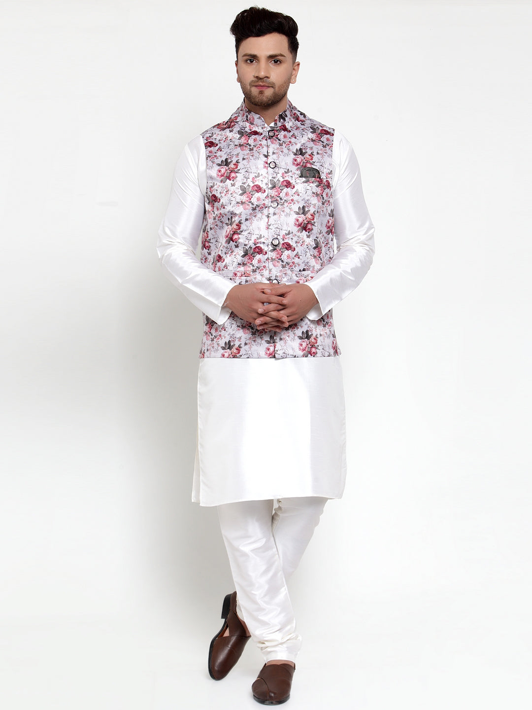 Jompers Men's Solid Dupion Kurta Pajama with Printed Nehru Jacket (Silver) - Distacart