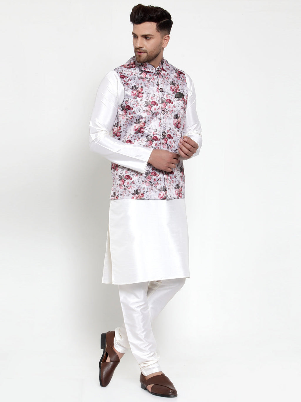 Jompers Men's Solid Dupion Kurta Pajama with Printed Nehru Jacket (Silver) - Distacart