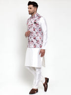 Jompers Men's Solid Dupion Kurta Pajama with Printed Nehru Jacket (Silver) - Distacart