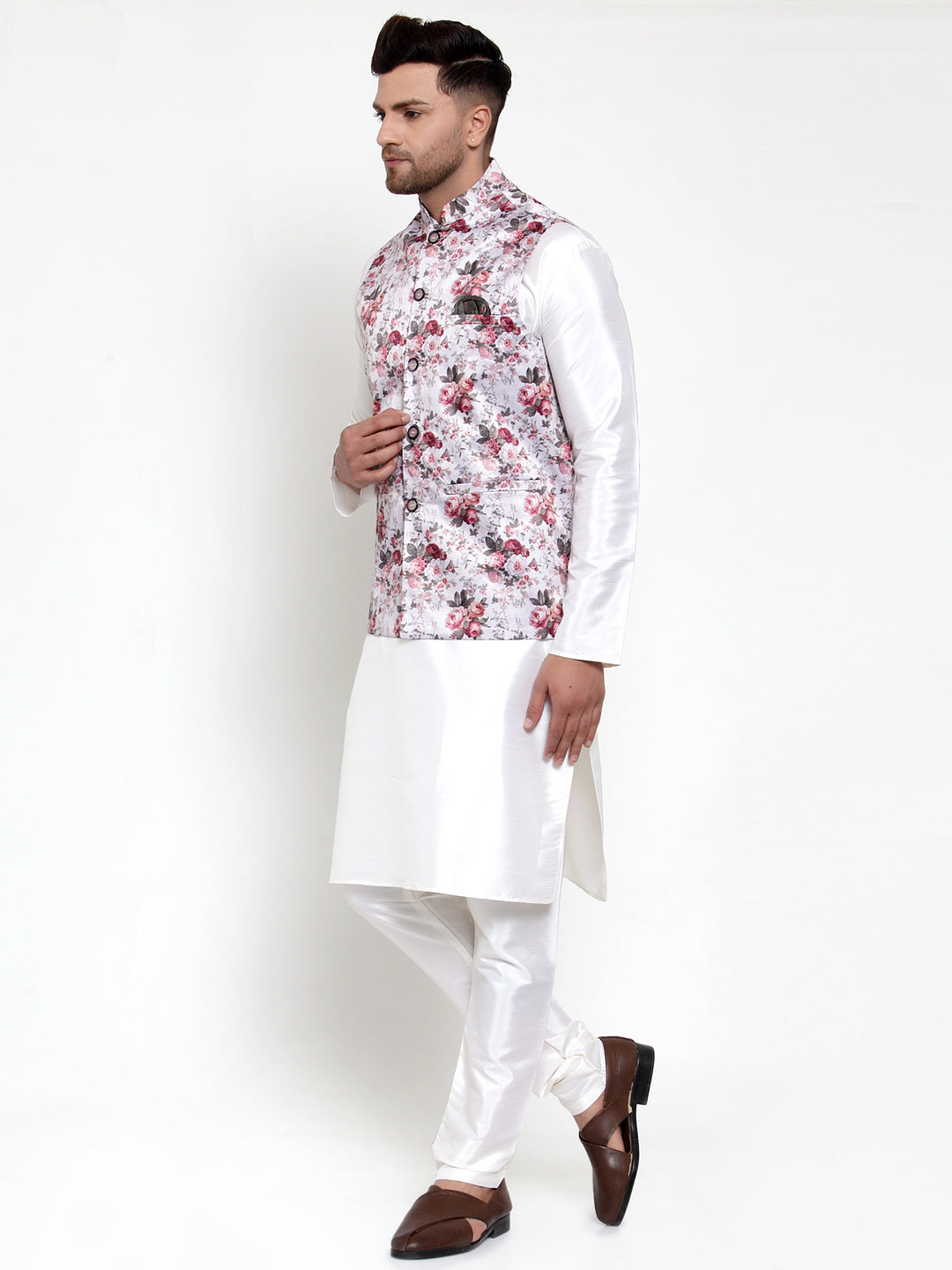 Jompers Men's Solid Dupion Kurta Pajama with Printed Nehru Jacket (Silver) - Distacart