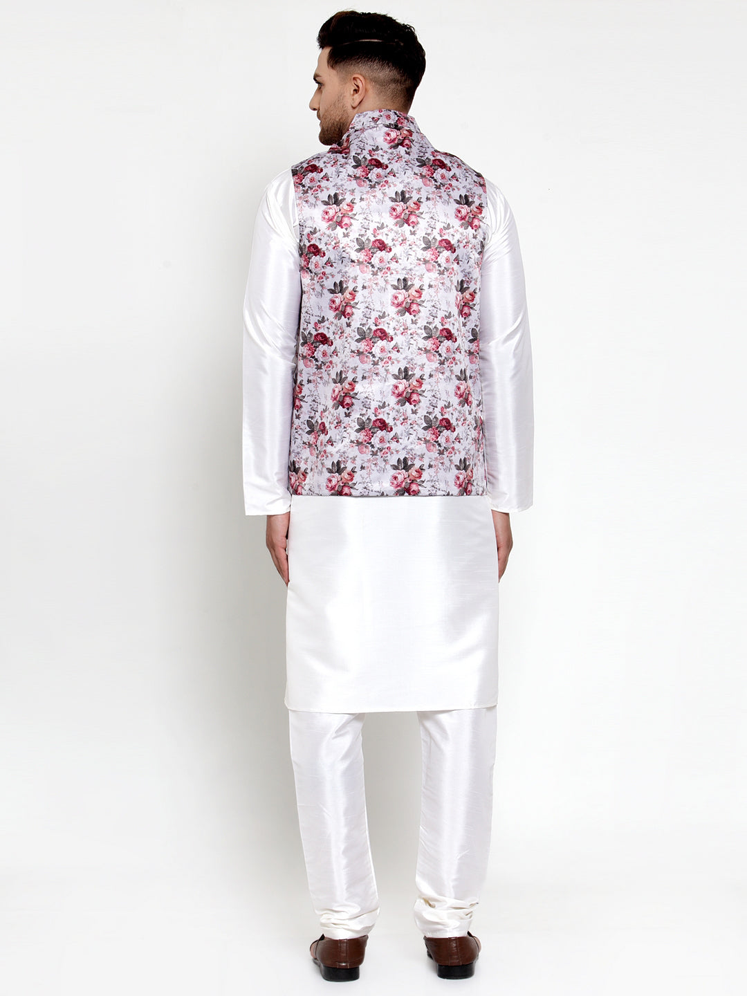 Jompers Men's Solid Dupion Kurta Pajama with Printed Nehru Jacket (Silver) - Distacart