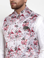 Jompers Men's Solid Dupion Kurta Pajama with Printed Nehru Jacket (Silver) - Distacart