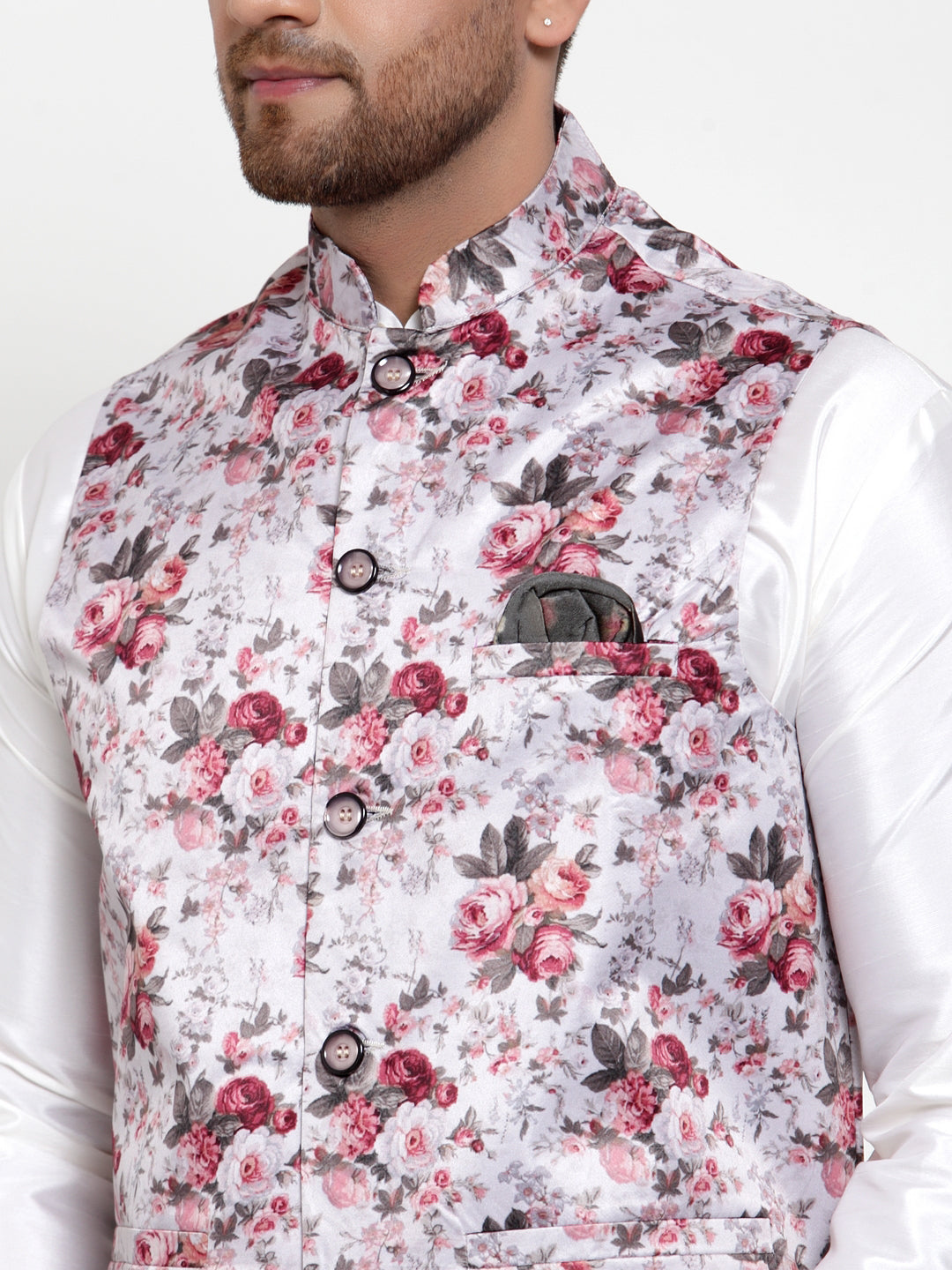 Jompers Men's Solid Dupion Kurta Pajama with Printed Nehru Jacket (Silver) - Distacart