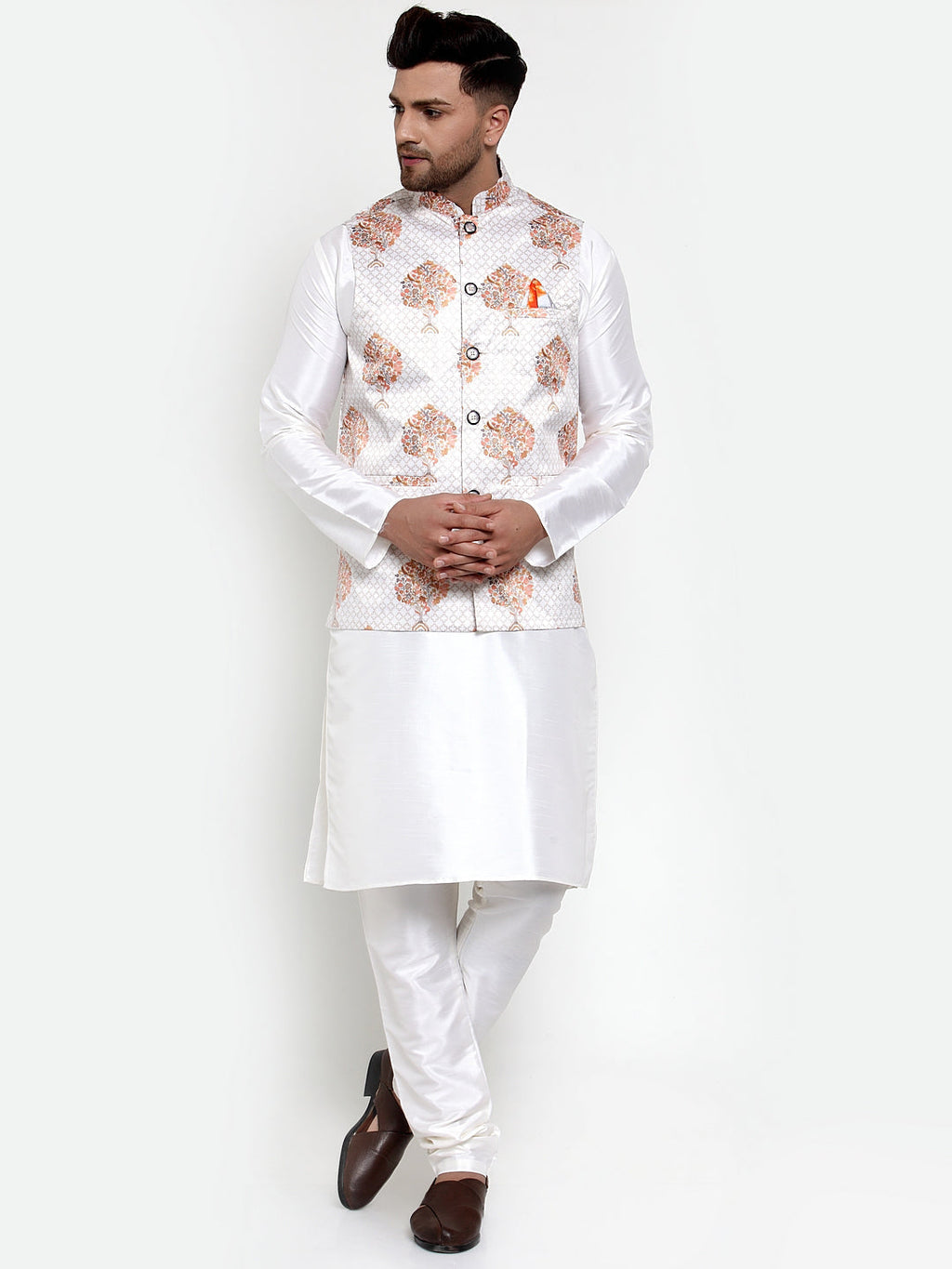 Jompers Men's Solid Dupion Kurta Pajama with Printed Nehru Jacket (White) - Distacart