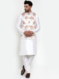 Jompers Men's Solid Dupion Kurta Pajama with Printed Nehru Jacket (White) - Distacart