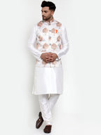 Jompers Men's Solid Dupion Kurta Pajama with Printed Nehru Jacket (White) - Distacart
