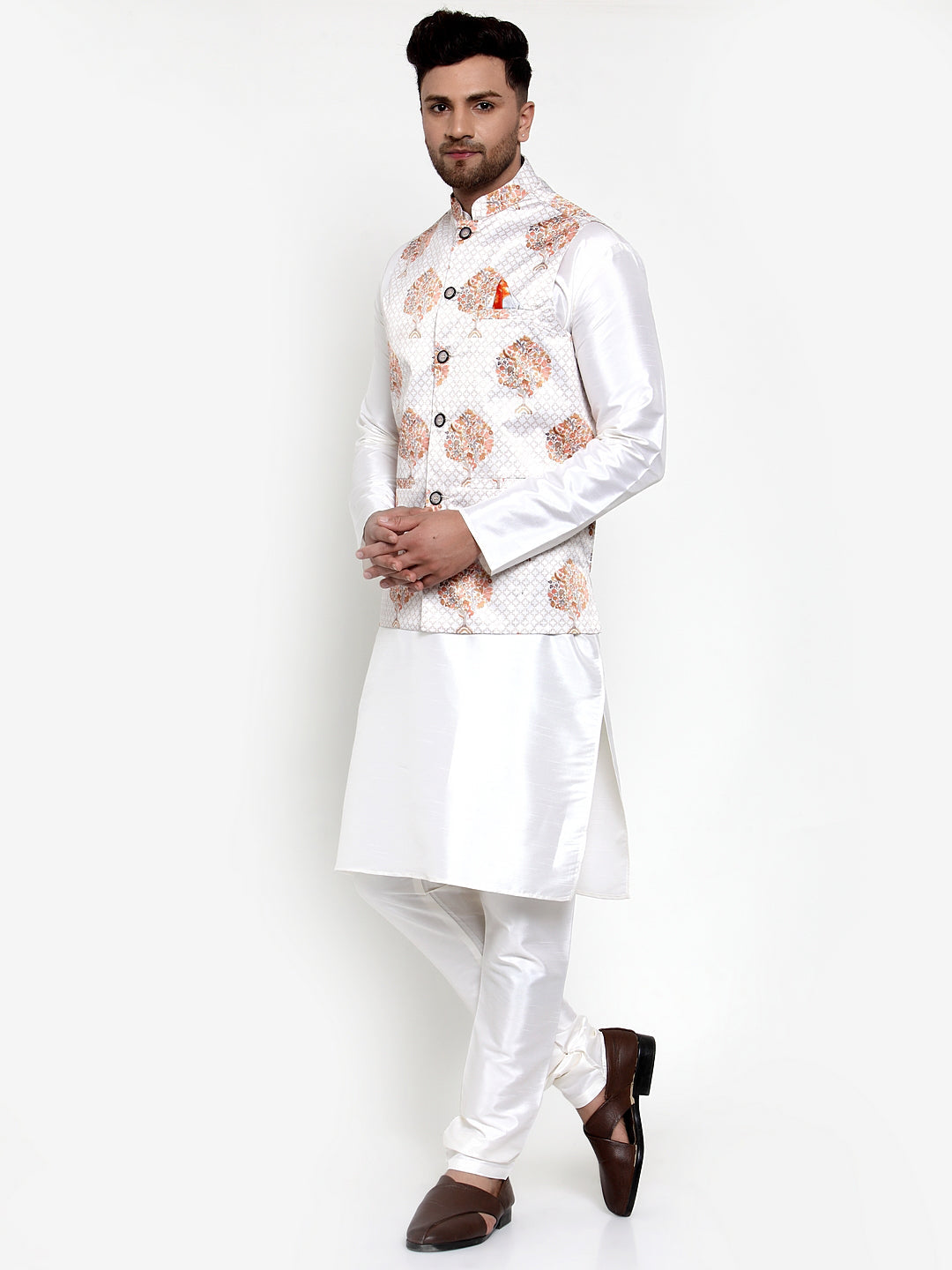 Jompers Men's Solid Dupion Kurta Pajama with Printed Nehru Jacket (White) - Distacart