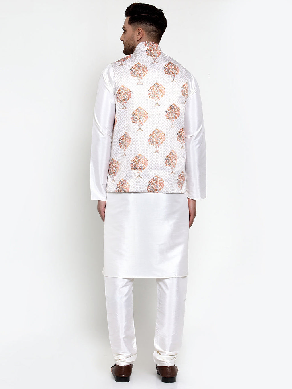 Jompers Men's Solid Dupion Kurta Pajama with Printed Nehru Jacket (White) - Distacart