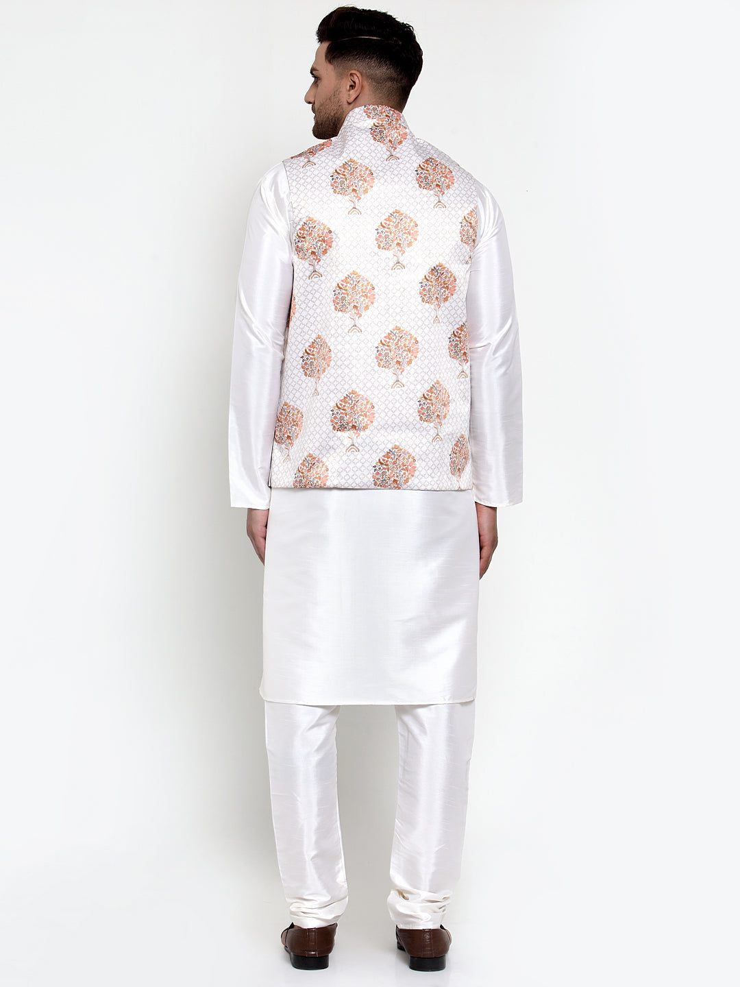 Jompers Men's Solid Dupion Kurta Pajama with Printed Nehru Jacket (White) - Distacart