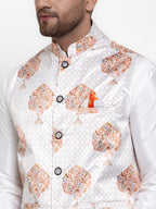 Jompers Men's Solid Dupion Kurta Pajama with Printed Nehru Jacket (White) - Distacart