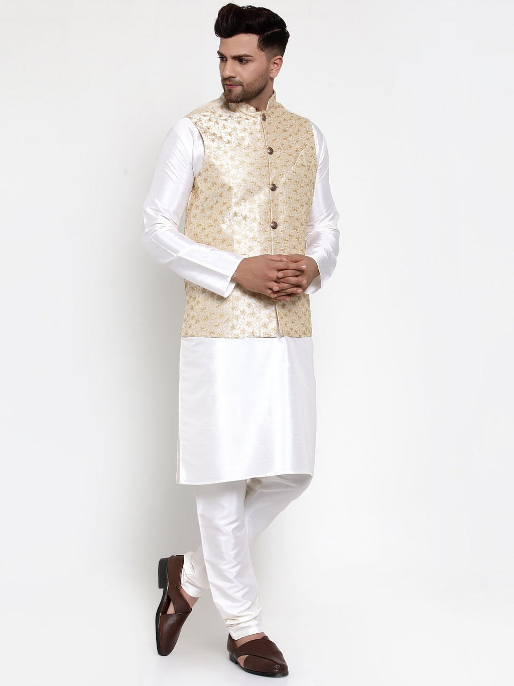 Jompers Men's Solid Dupion Kurta Pajama with Embroidered Nehru Jacket (Cream) - Distacart