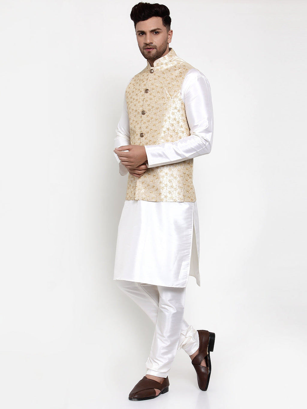 Jompers Men's Solid Dupion Kurta Pajama with Embroidered Nehru Jacket (Cream) - Distacart