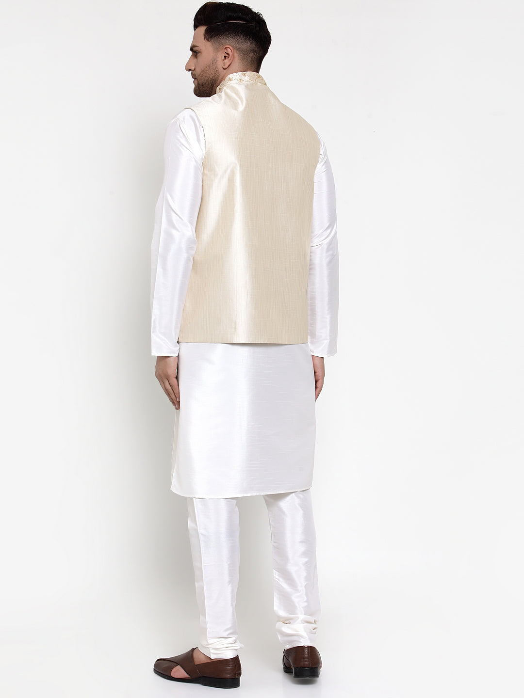 Jompers Men's Solid Dupion Kurta Pajama with Embroidered Nehru Jacket (Cream) - Distacart