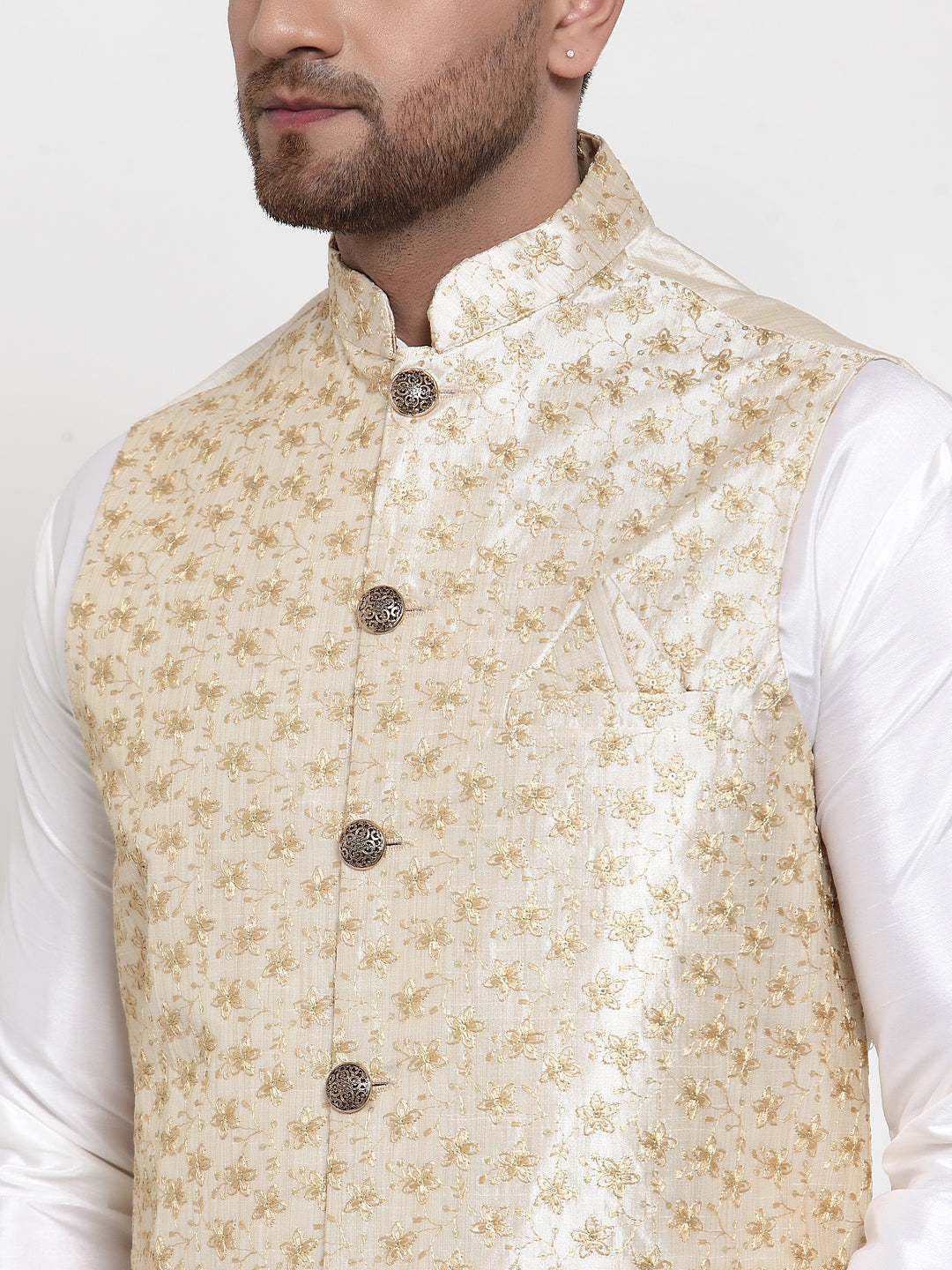 Jompers Men's Solid Dupion Kurta Pajama with Embroidered Nehru Jacket (Cream) - Distacart