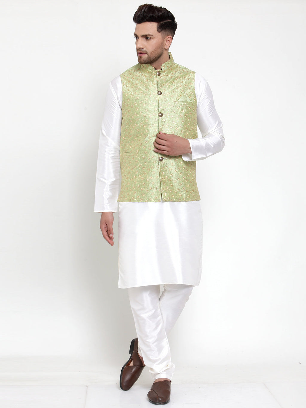 Jompers Men's Solid Dupion Kurta Pajama with Embroidered Nehru Jacket (Green) - Distacart