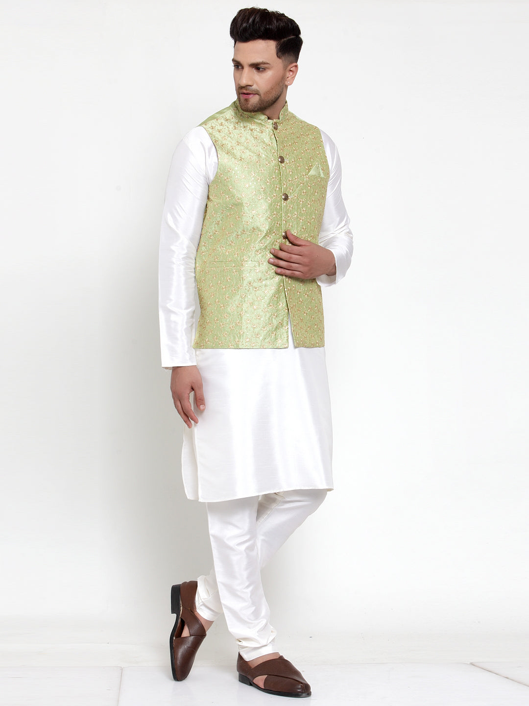 Jompers Men's Solid Dupion Kurta Pajama with Embroidered Nehru Jacket (Green) - Distacart