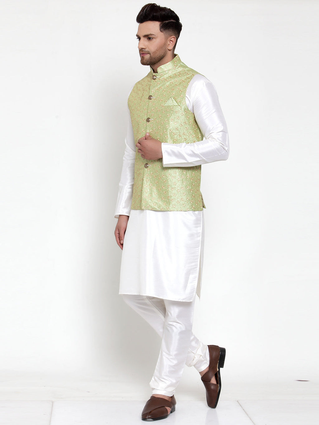 Jompers Men's Solid Dupion Kurta Pajama with Embroidered Nehru Jacket (Green) - Distacart