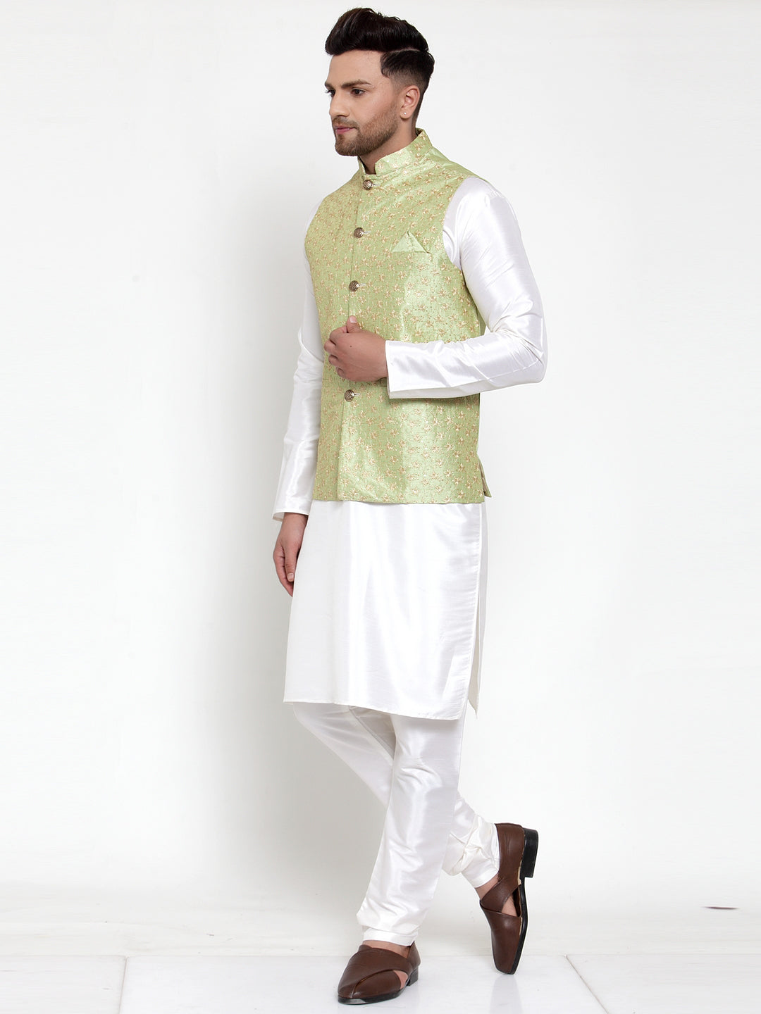 Jompers Men's Solid Dupion Kurta Pajama with Embroidered Nehru Jacket (Green) - Distacart