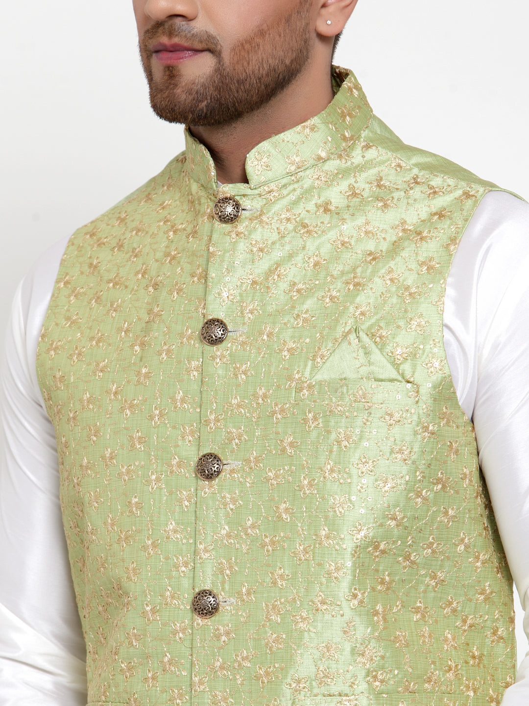 Jompers Men's Solid Dupion Kurta Pajama with Embroidered Nehru Jacket (Green) - Distacart